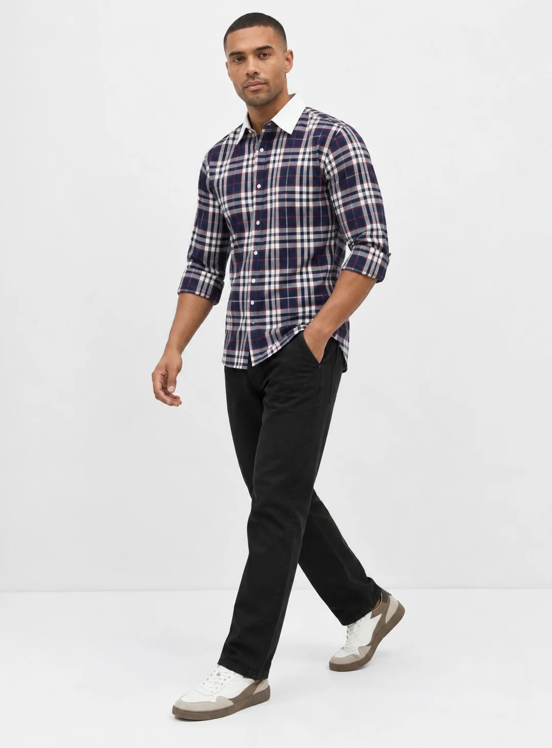 Long sleeve shirt, navy blue, white and red check, white collar, worn by a model