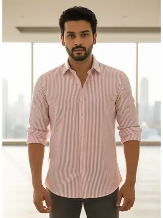 Striped Cotton Linen Regular Fit Shirt in Pink