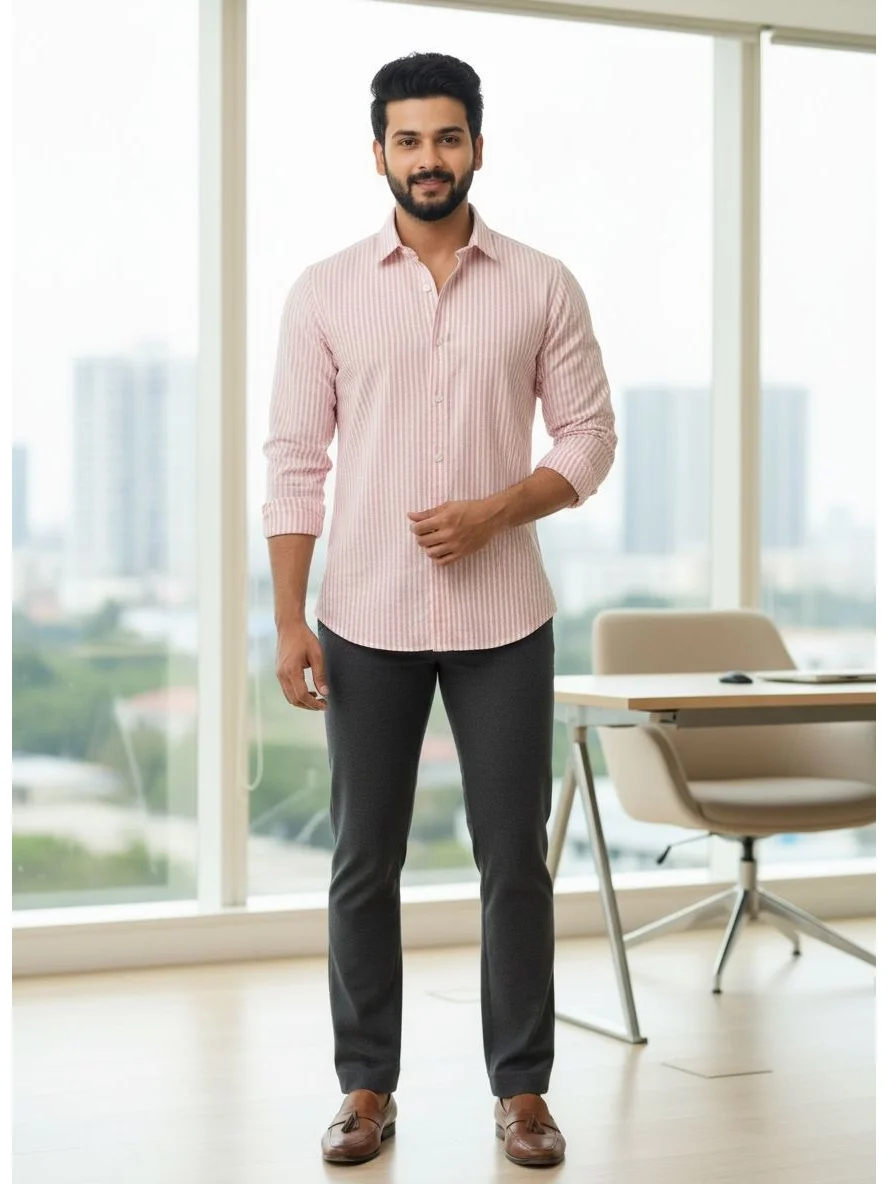 Pink striped shirt, front view, worn by a model, collar visible, sleeves rolled up, buttons down front