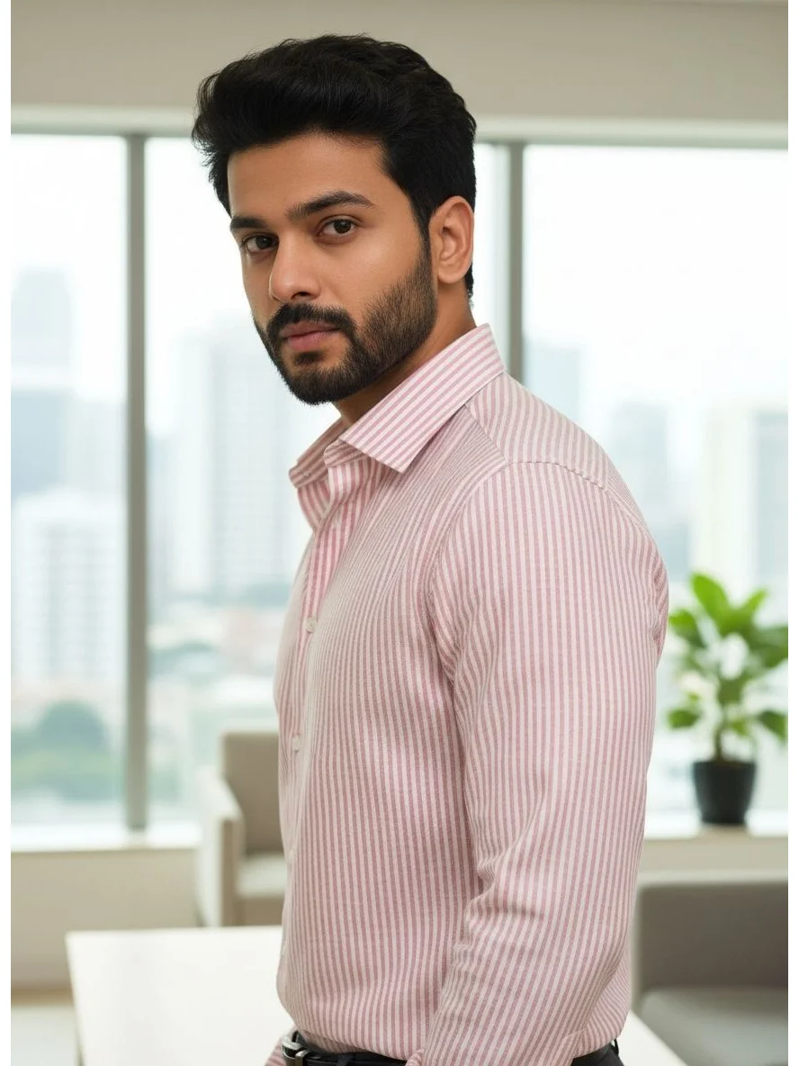 Pink striped shirt, collar up, on a model, side view, long sleeves