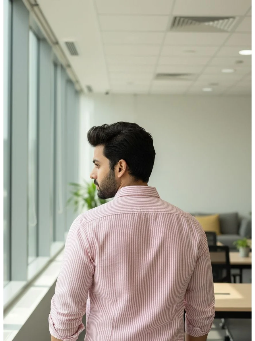 Pink striped shirt, worn by a model, back view, rolled sleeves, collar visible