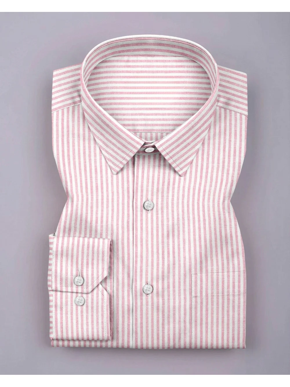 Pink and white striped dress shirt, folded, collar, buttons, cuffs visible