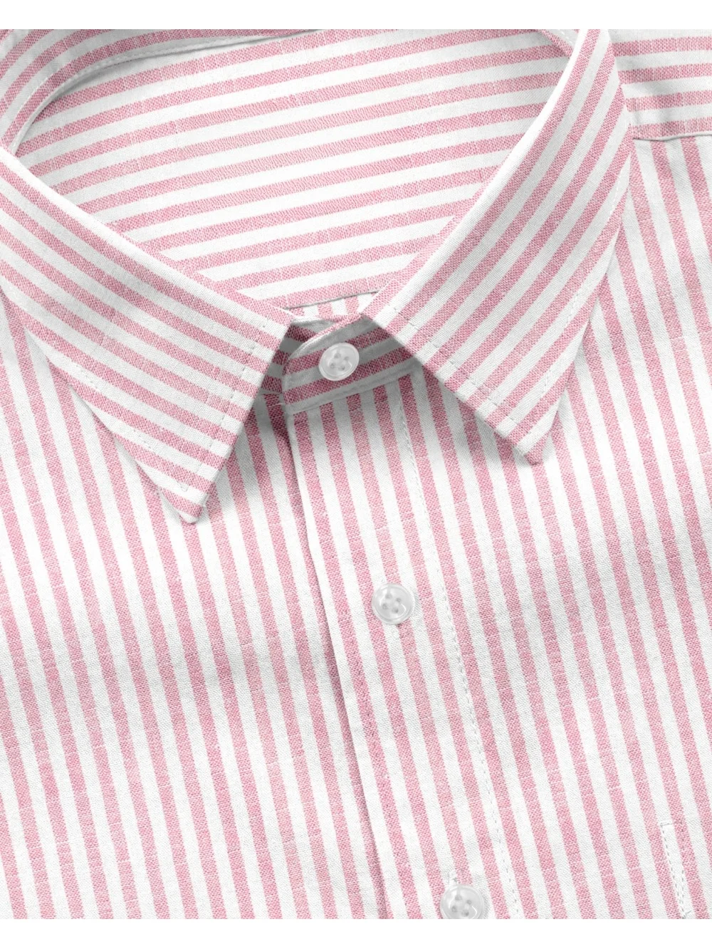 Pink and white striped shirt, collar and buttons visible, close-up