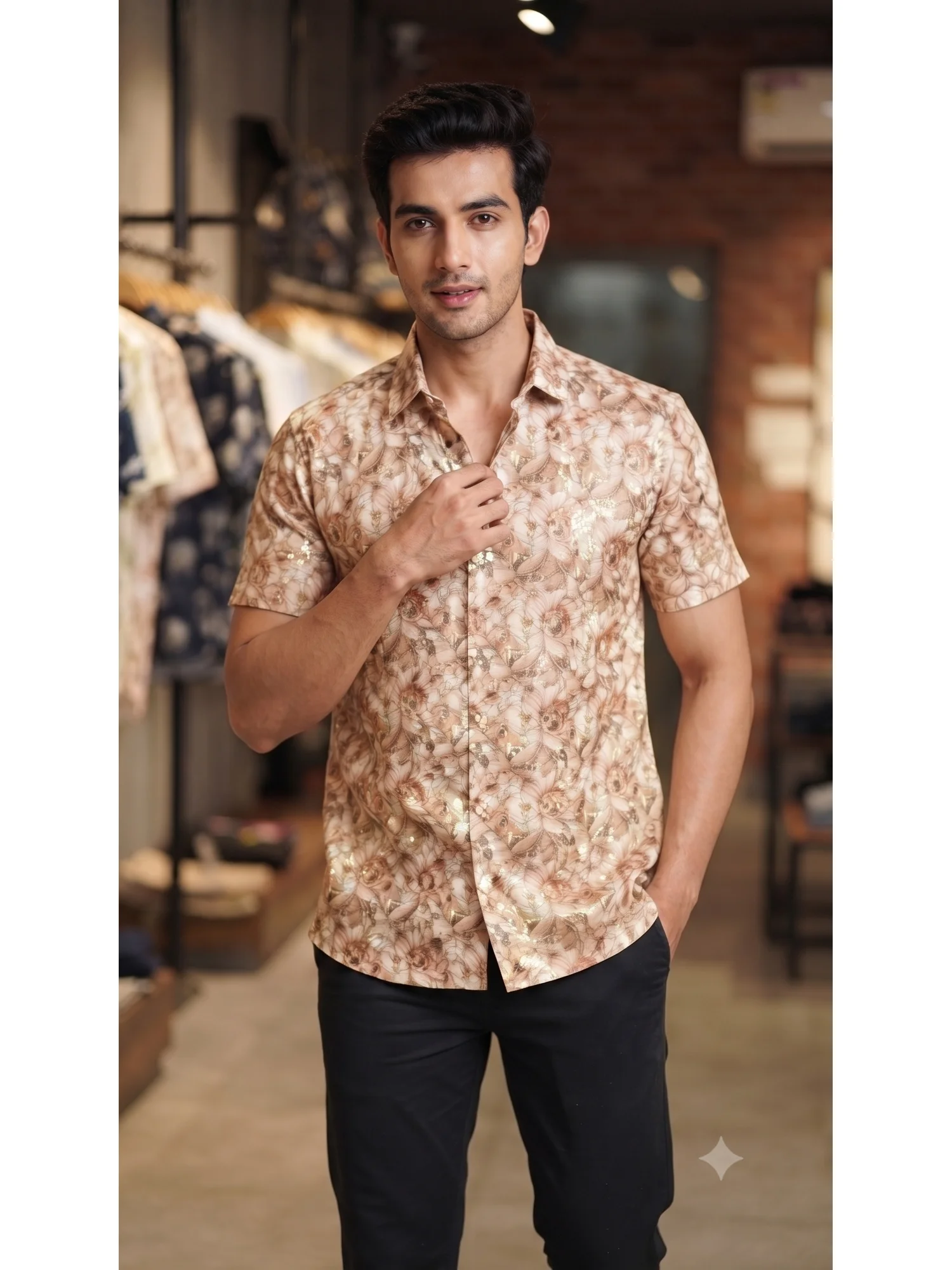 Floral print short-sleeve shirt, beige and brown, worn by a model, collar visible