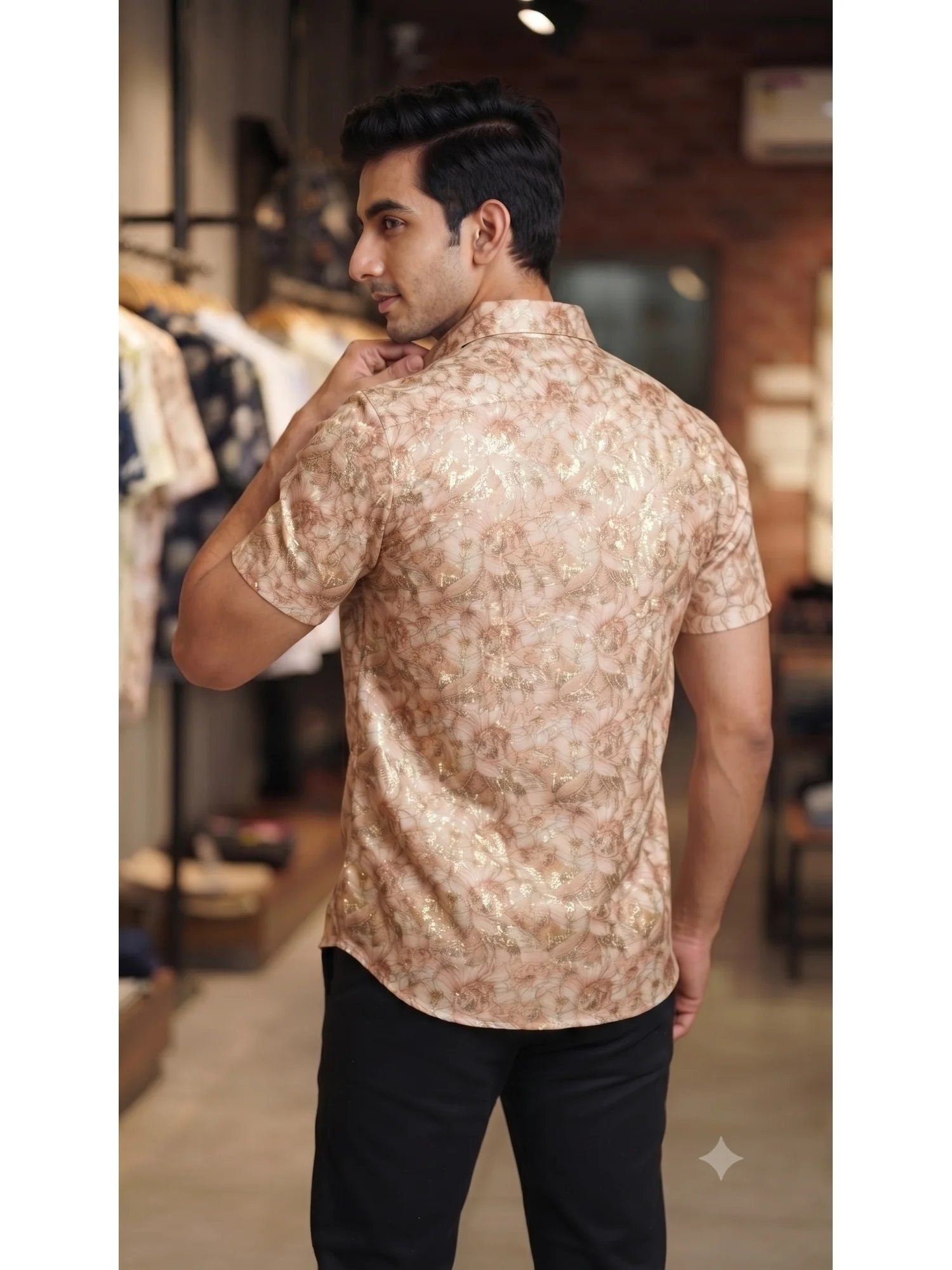 Floral print shirt, beige and brown, short sleeves, worn by a model from back