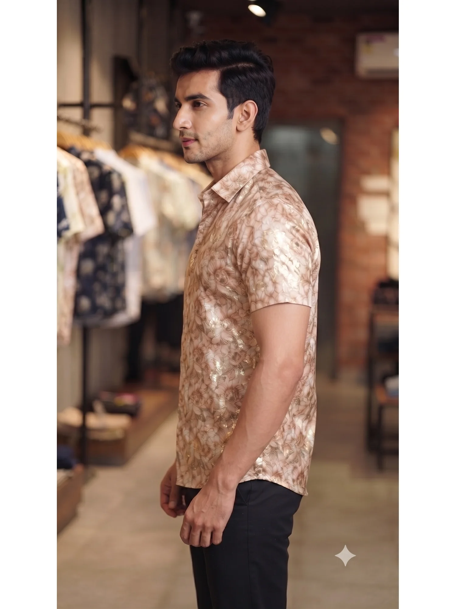 Beige and brown floral print short-sleeve shirt, collar visible, worn by a model