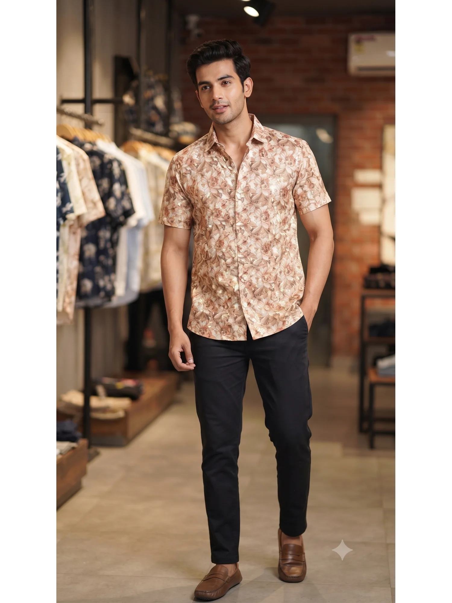 Short sleeved shirt, beige & brown floral print, collar, buttoned front, worn by a model