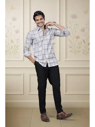 Cotton Linen Checkered Regular Fit Shirt in Multi Black