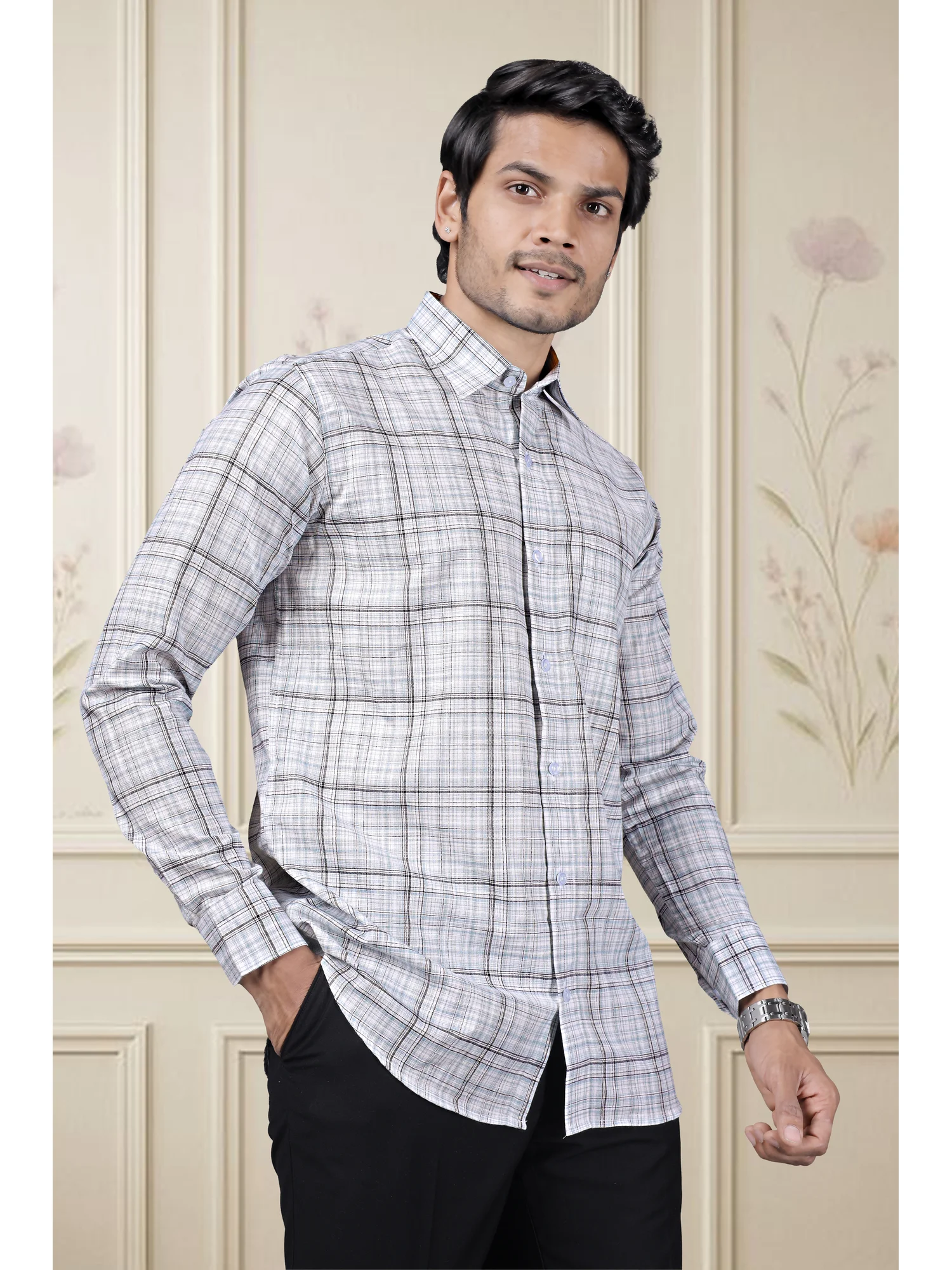 Long sleeve shirt, white and black check, collar, buttons, worn by a model
