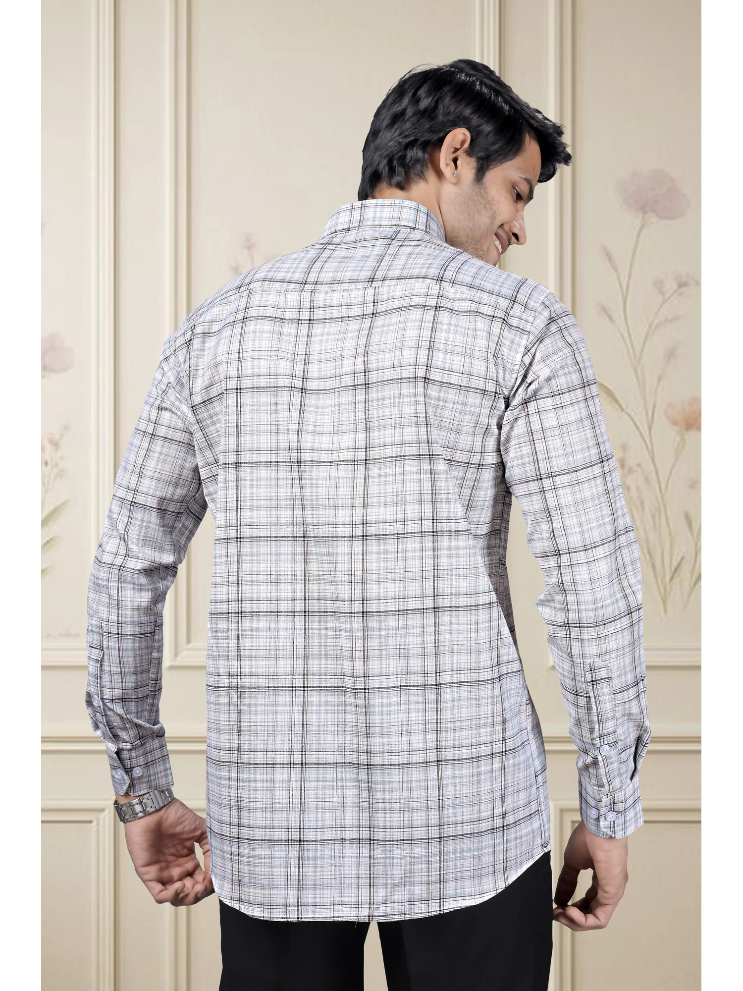 Long sleeve shirt, white and black check, back view, worn by a model