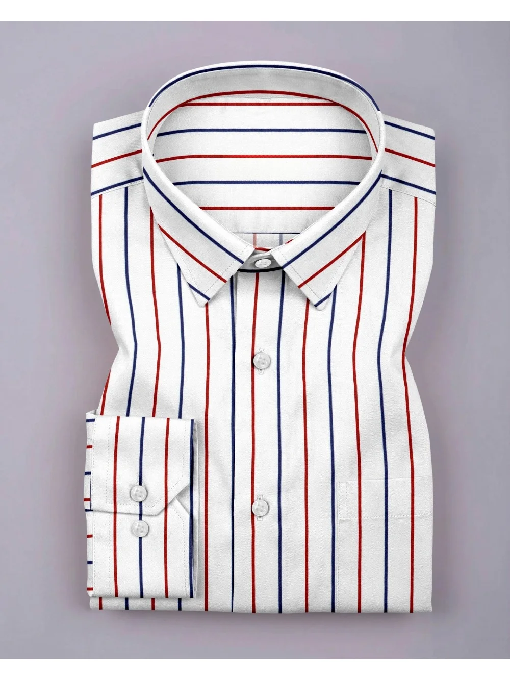 Dress shirt, white with red and blue stripes, collar, buttons, flat lay