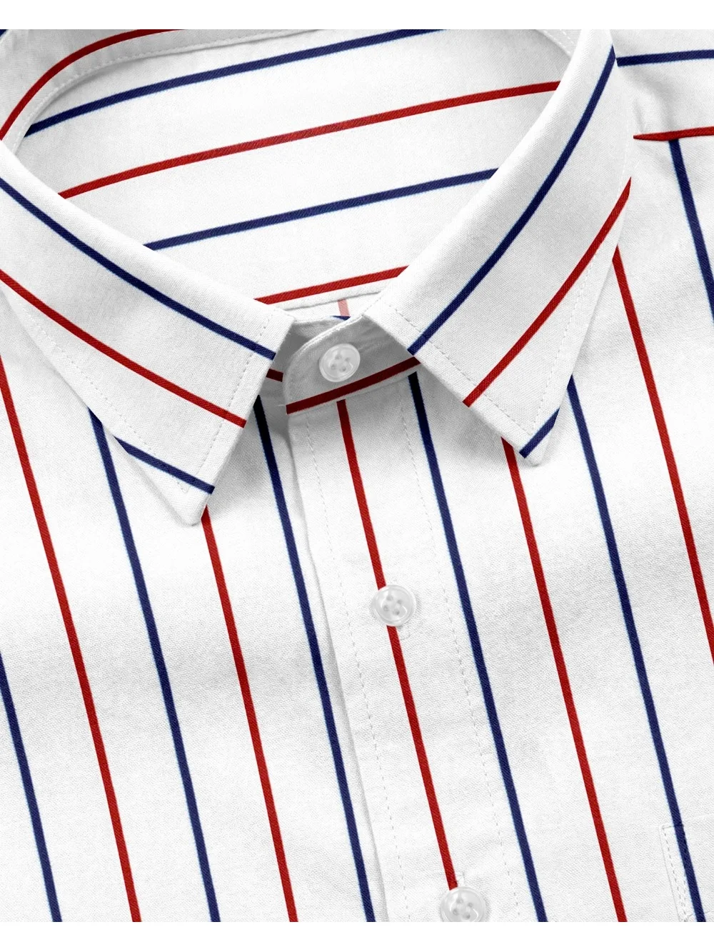 White shirt, red and blue stripes, collar, buttons, close-up