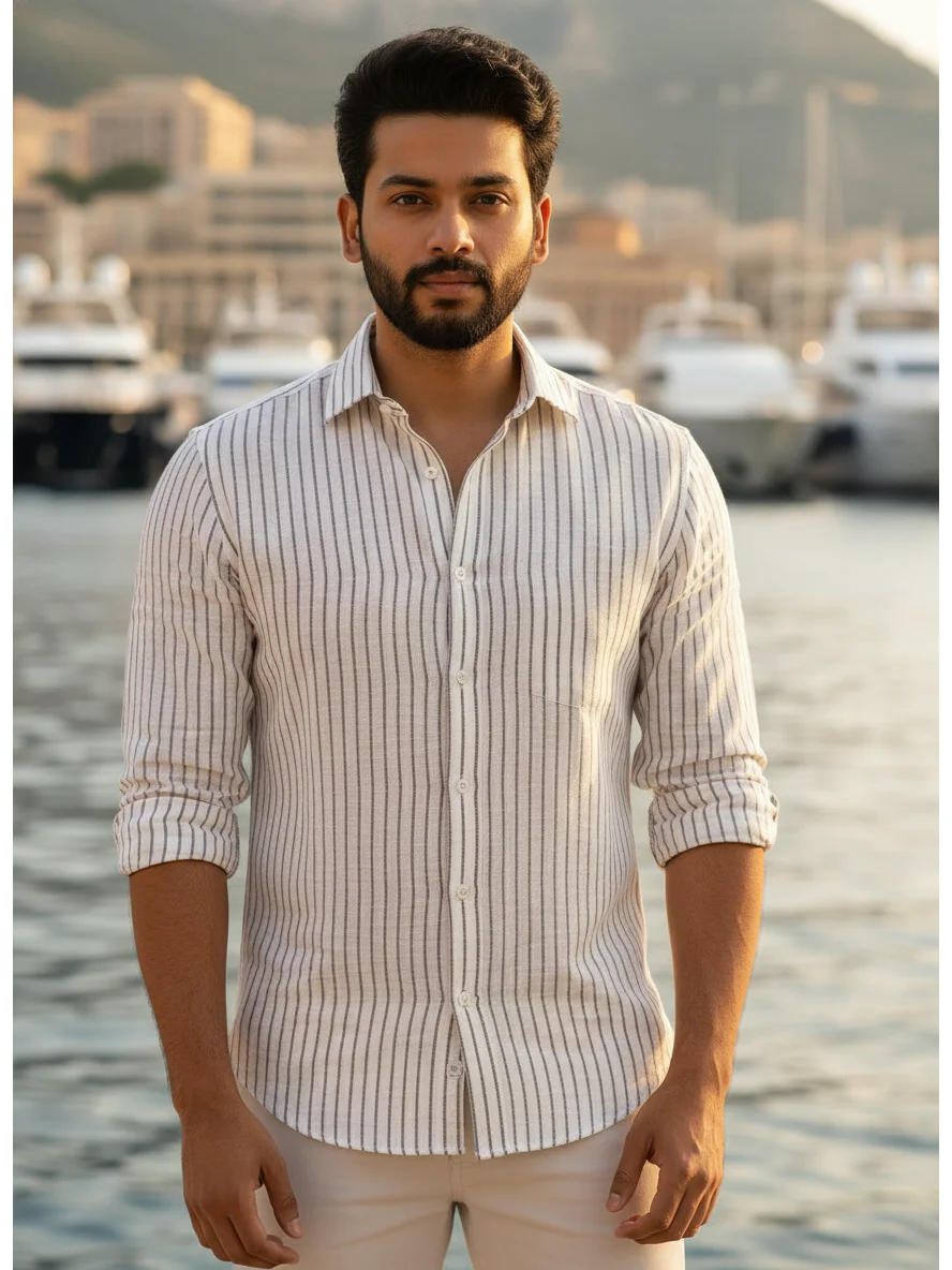 Striped shirt, beige with brown stripes, worn by a model, front view, collar open, sleeves rolled up, buttons down front