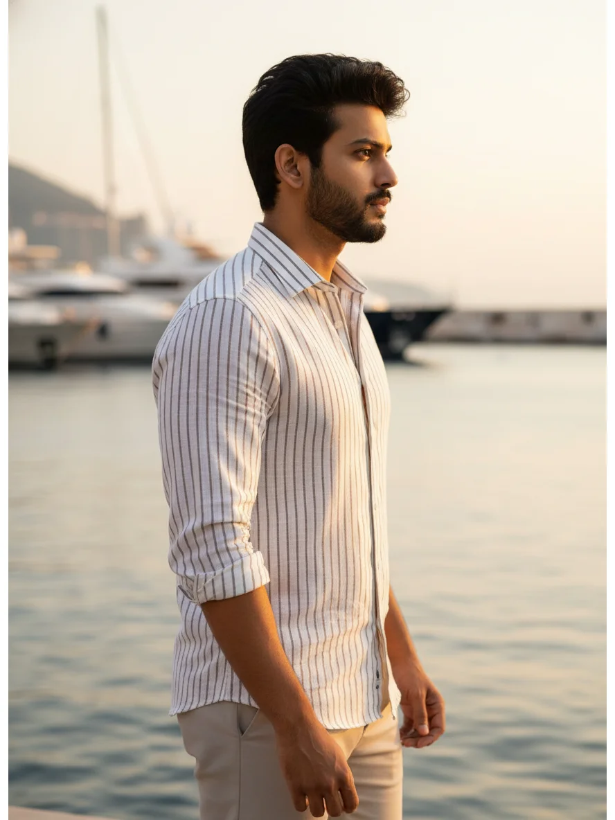 Striped shirt, white and brown, worn by a model, side view, rolled sleeves, collar visible