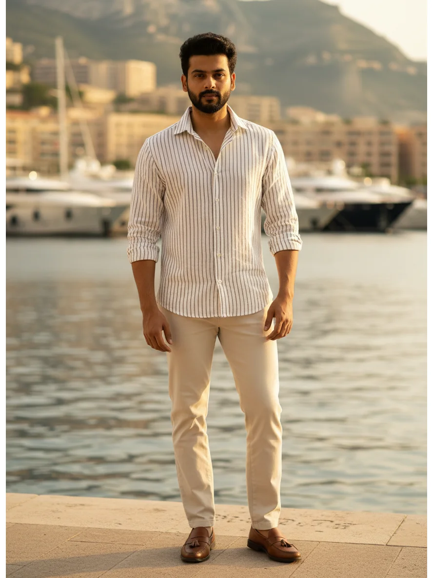 Striped shirt, white and brown, worn by a model, front view, collar open, sleeves rolled up