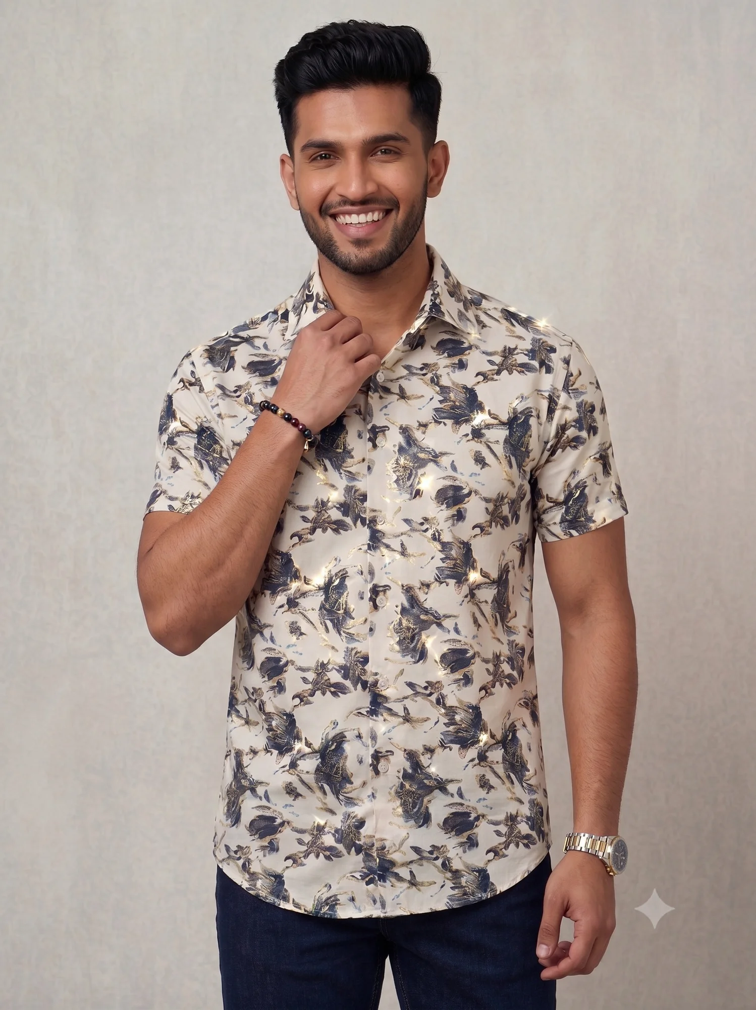 Cotton Blend Floral Print Regular Fit Shirt in White & Navy Blue