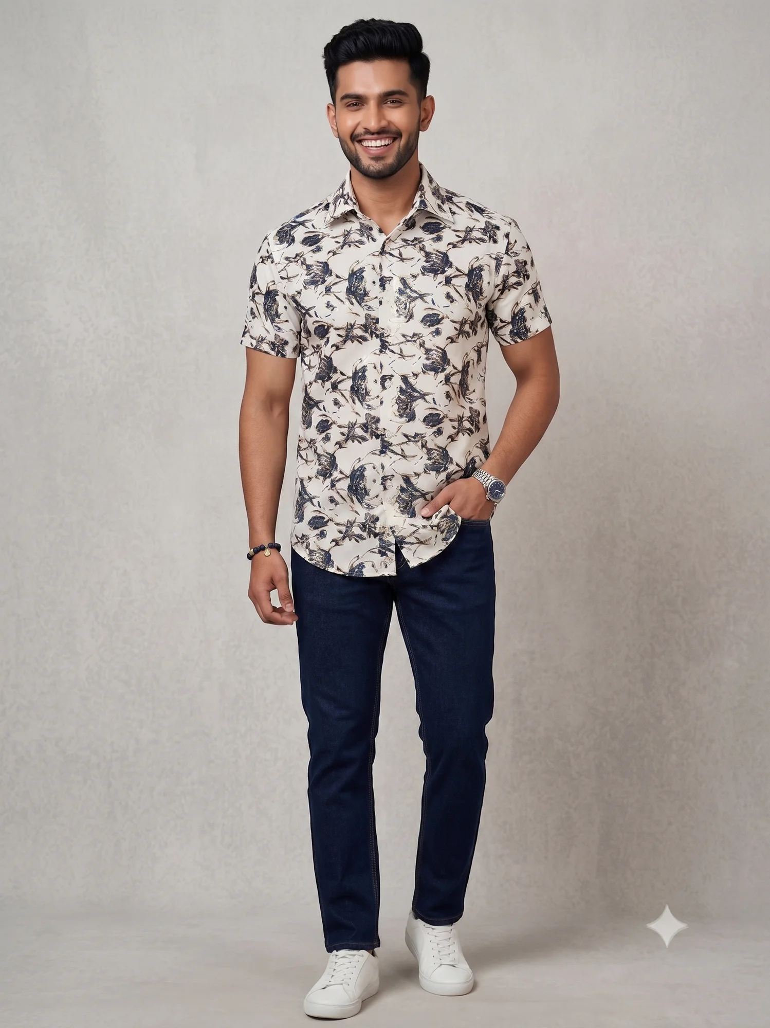 Short-sleeved shirt, white with navy blue floral print, collar, worn by a model