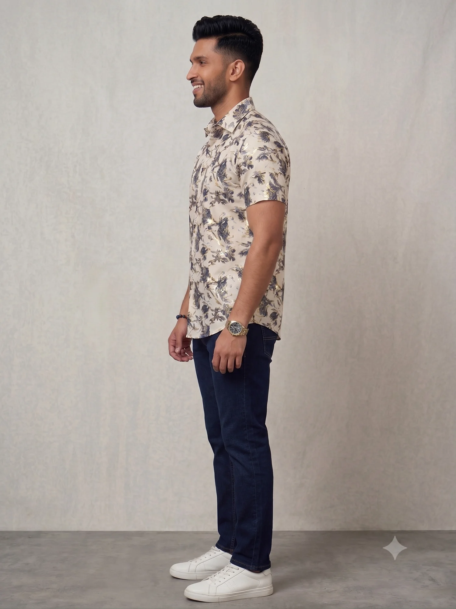 Floral print short-sleeve shirt, cream and navy blue, collar, worn by a model, side view