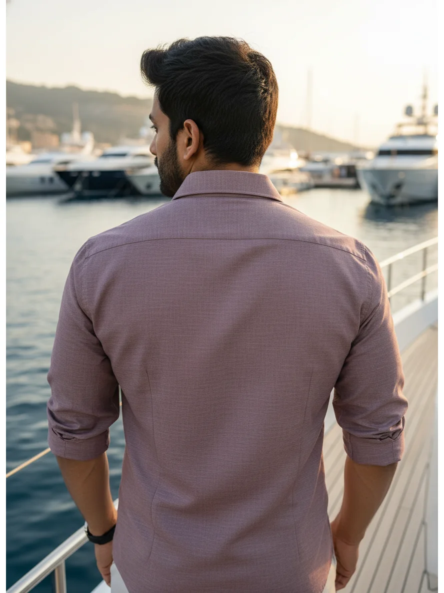 Back view of a model wearing a solid dusty pink long-sleeve shirt with rolled-up sleeves and a standard collar