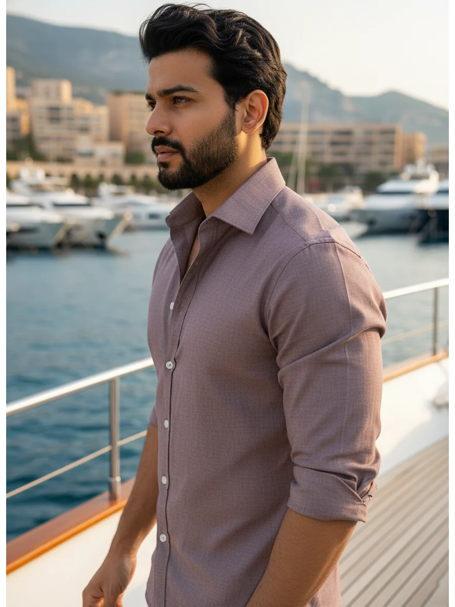 Side profile of a model wearing a plain pink long-sleeve shirt with a collar