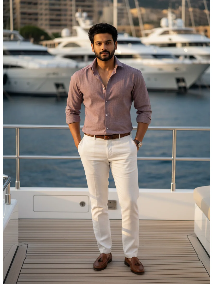 Front view of a model wearing a pink full-sleeve shirt, white trousers, and brown shoes on a yacht