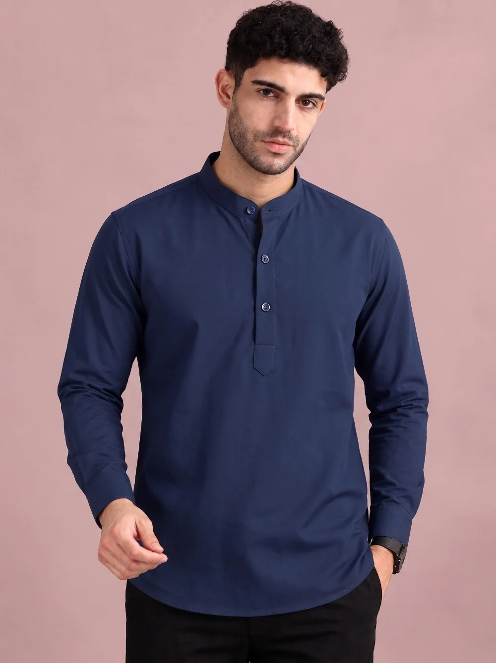 Cotton Blend Solid Regular Fit Short Kurta in Navy Blue