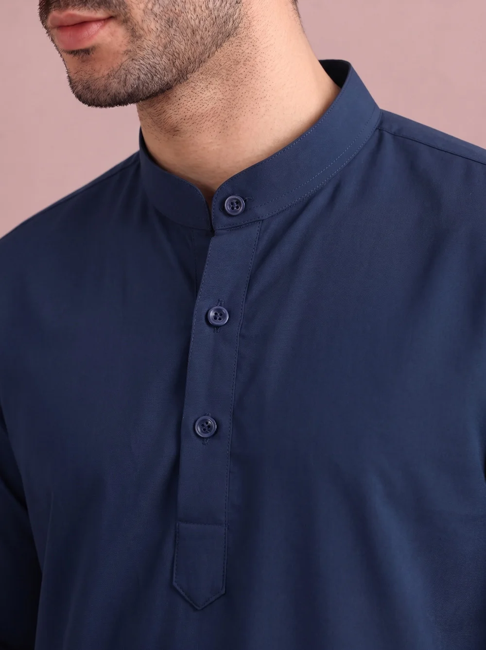 Navy blue kurta, front view, mandarin collar, four buttons, pocket