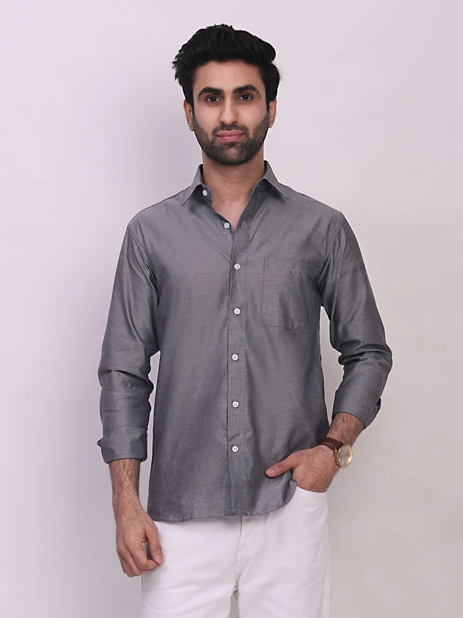 Oxford Cotton Solid Regular Fit Shirt in Grey