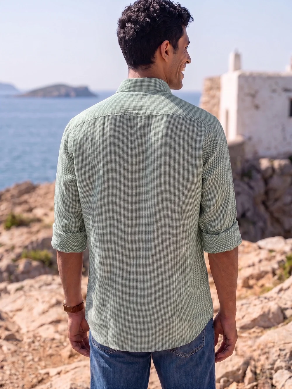Green checked kurta, back view, worn by a model, rolled sleeves, mandarin collar
