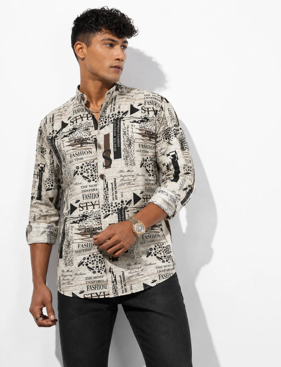 Linen Blend Abstract Print Regular Fit Shirt in Beige & Black