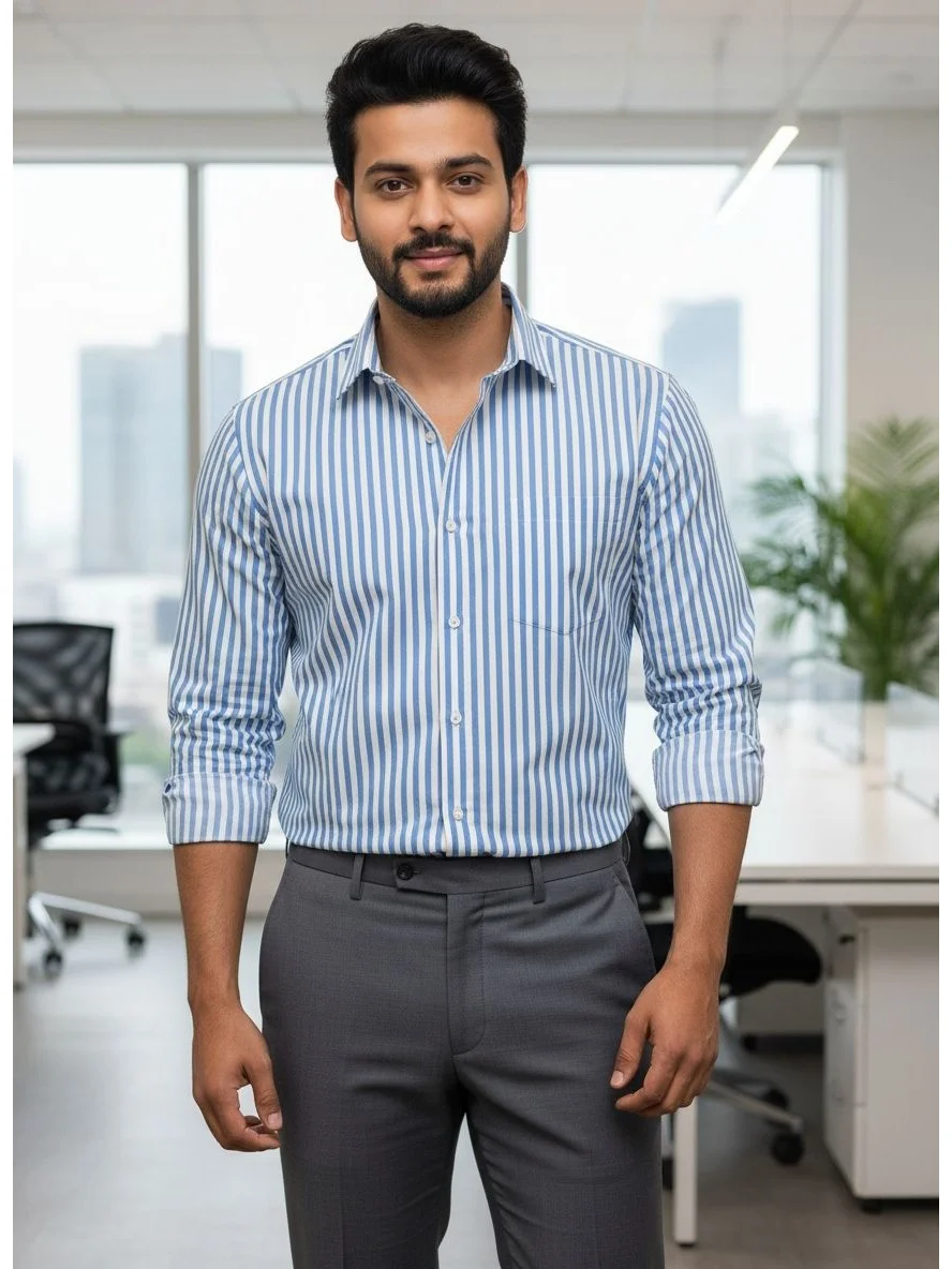 Cotton Striped Regular Fit Shirt in Blue