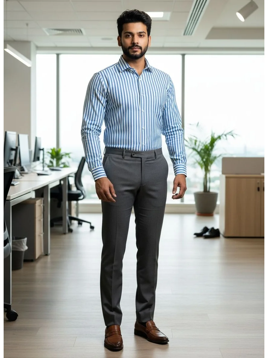 Blue and white striped long-sleeve shirt, collar visible, worn by a model