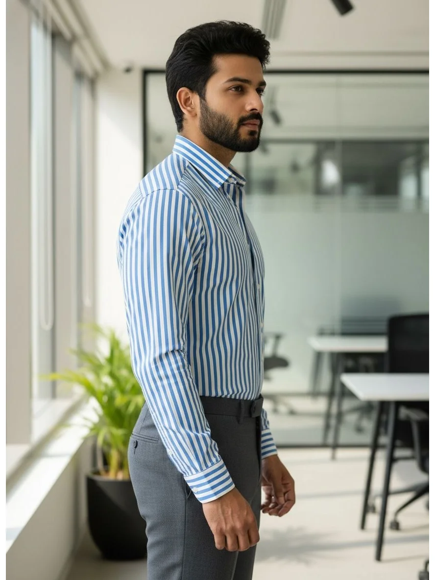 Blue and white striped long-sleeve shirt, collar visible, worn by a model