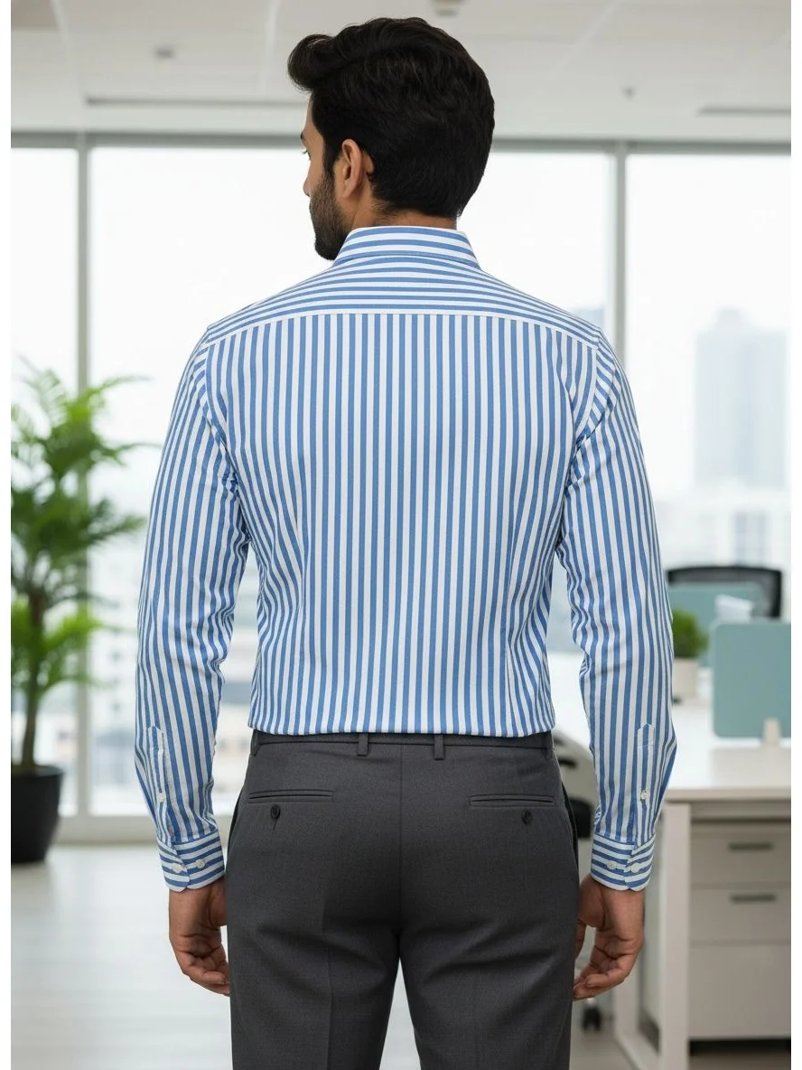 Blue and white striped long-sleeve shirt, back view, worn by a model