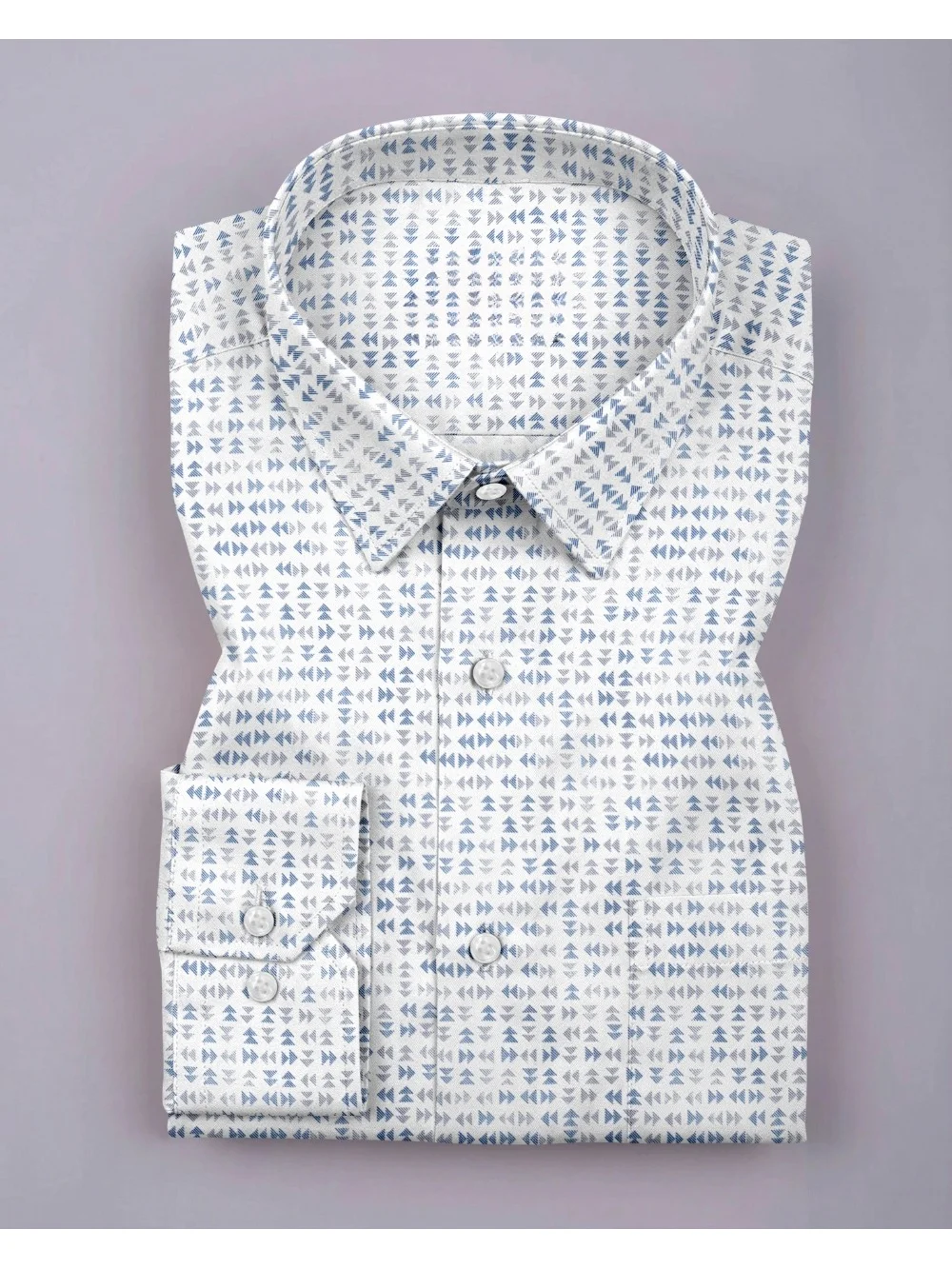 White dress shirt with blue and grey pattern, collar, buttons, pocket. Flat lay