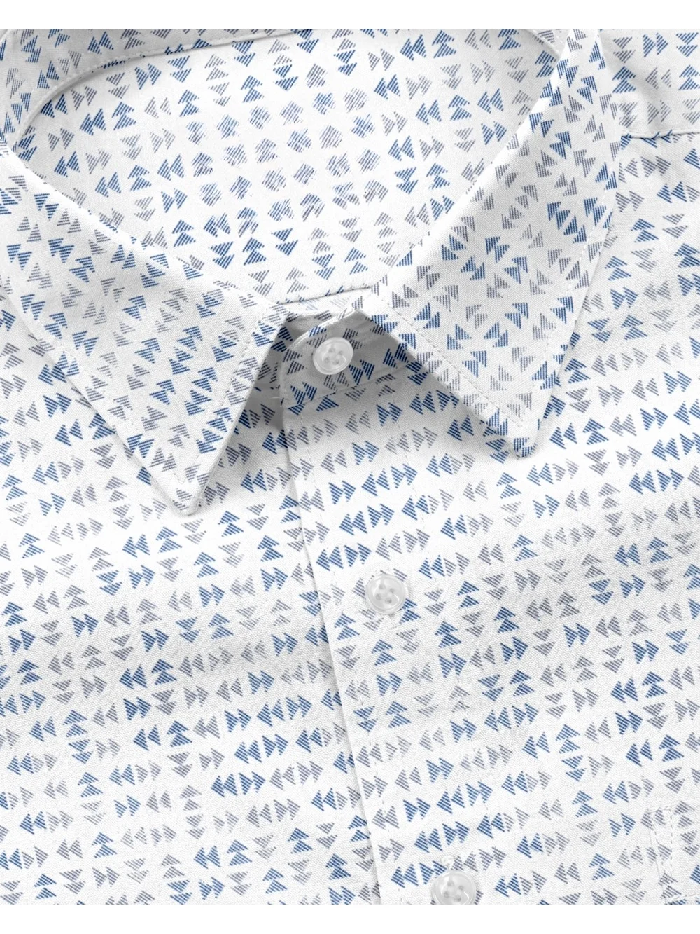 White shirt with blue pattern, collar, and buttons, close-up view