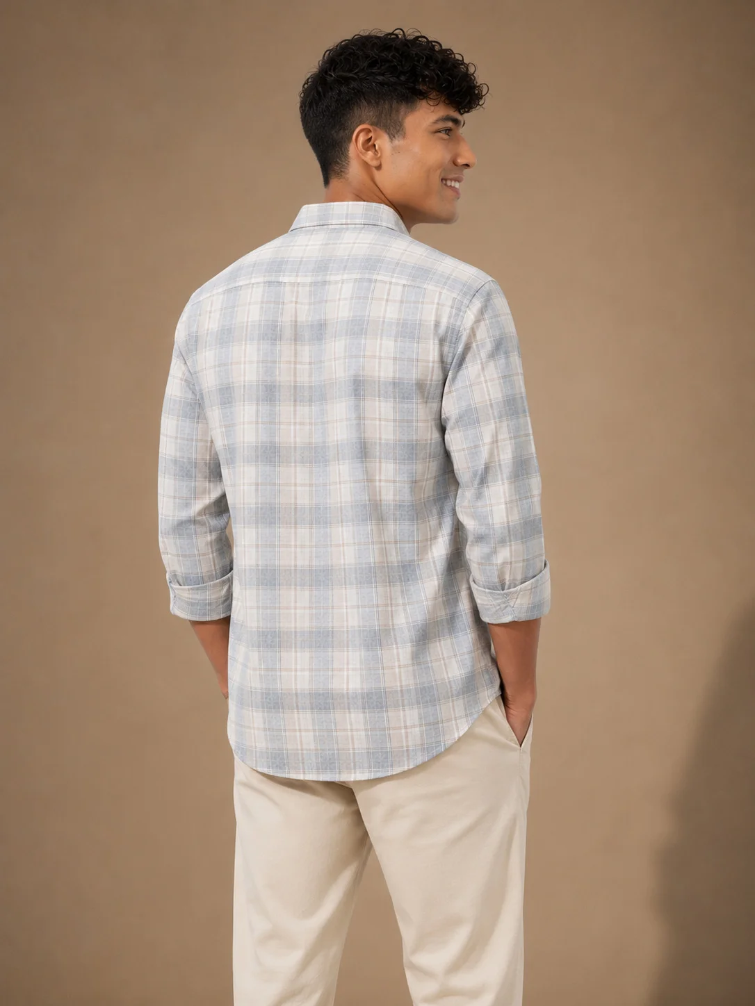 Shirt, grey and off-white check, back view, worn by model, long sleeves