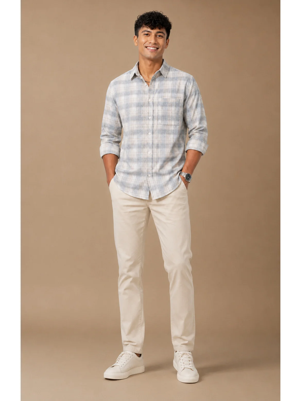 Taupe grey and off-white checkered shirt, worn by a model, front view, rolled sleeves, collar open