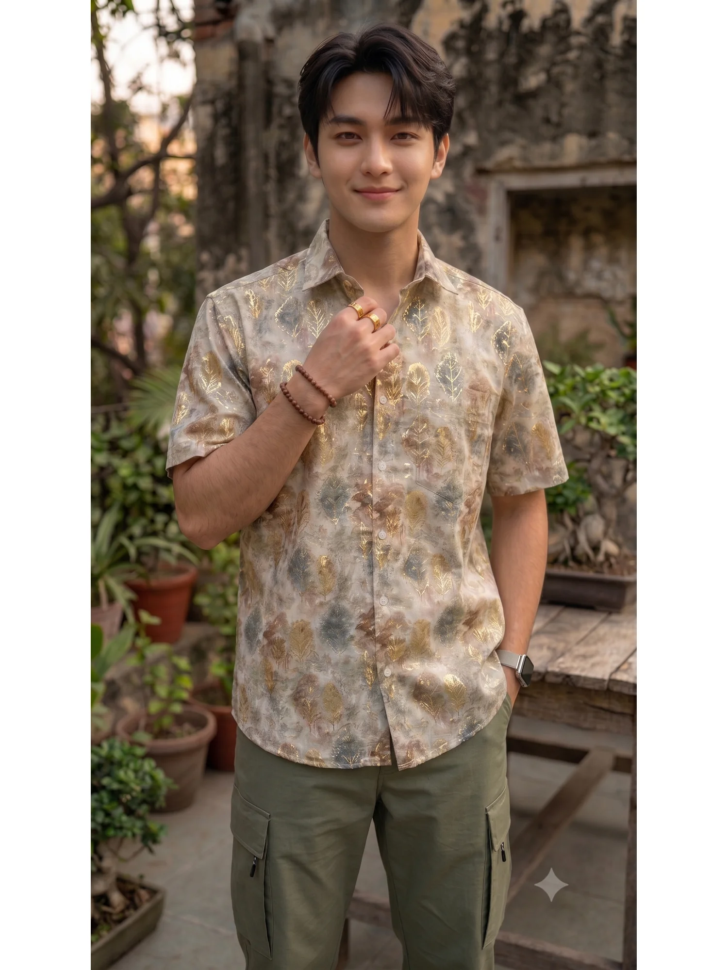 Cotton Blend Floral Print Regular Fit Shirt in Ivory & Olive Green
