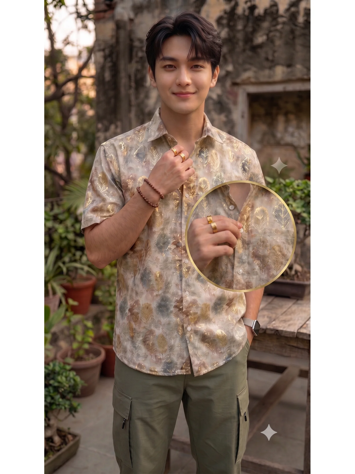 Short-sleeved shirt, beige and olive green floral print, collar, buttons, worn by a model