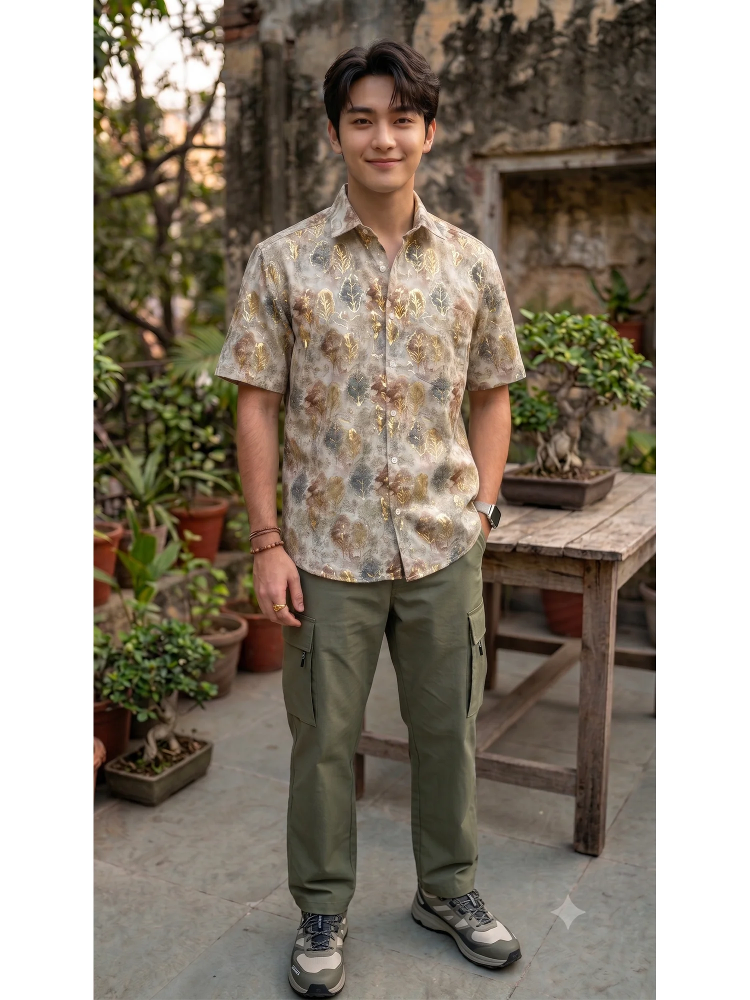 Short sleeved shirt, beige with brown and green floral print, worn by a model, buttons down front
