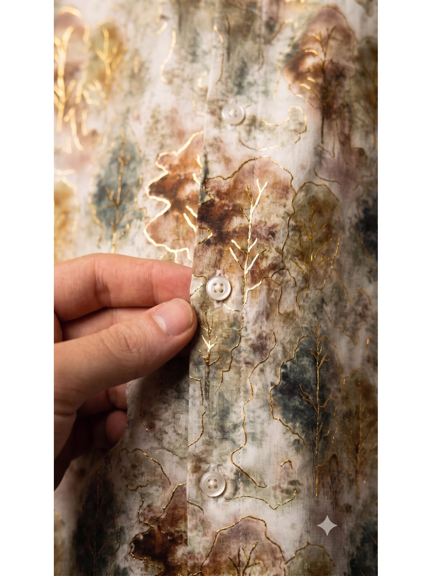 Shirt, beige, brown, green, gold pattern, front, buttons, close-up