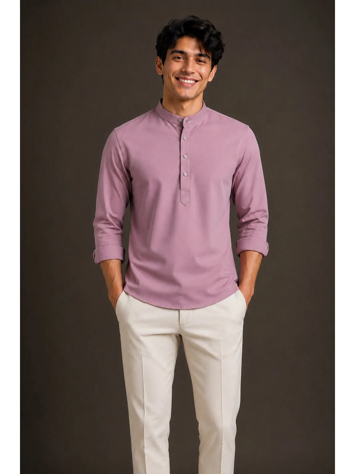 Mauve short kurta, front view, model, mandarin collar, 5 buttons, long sleeves