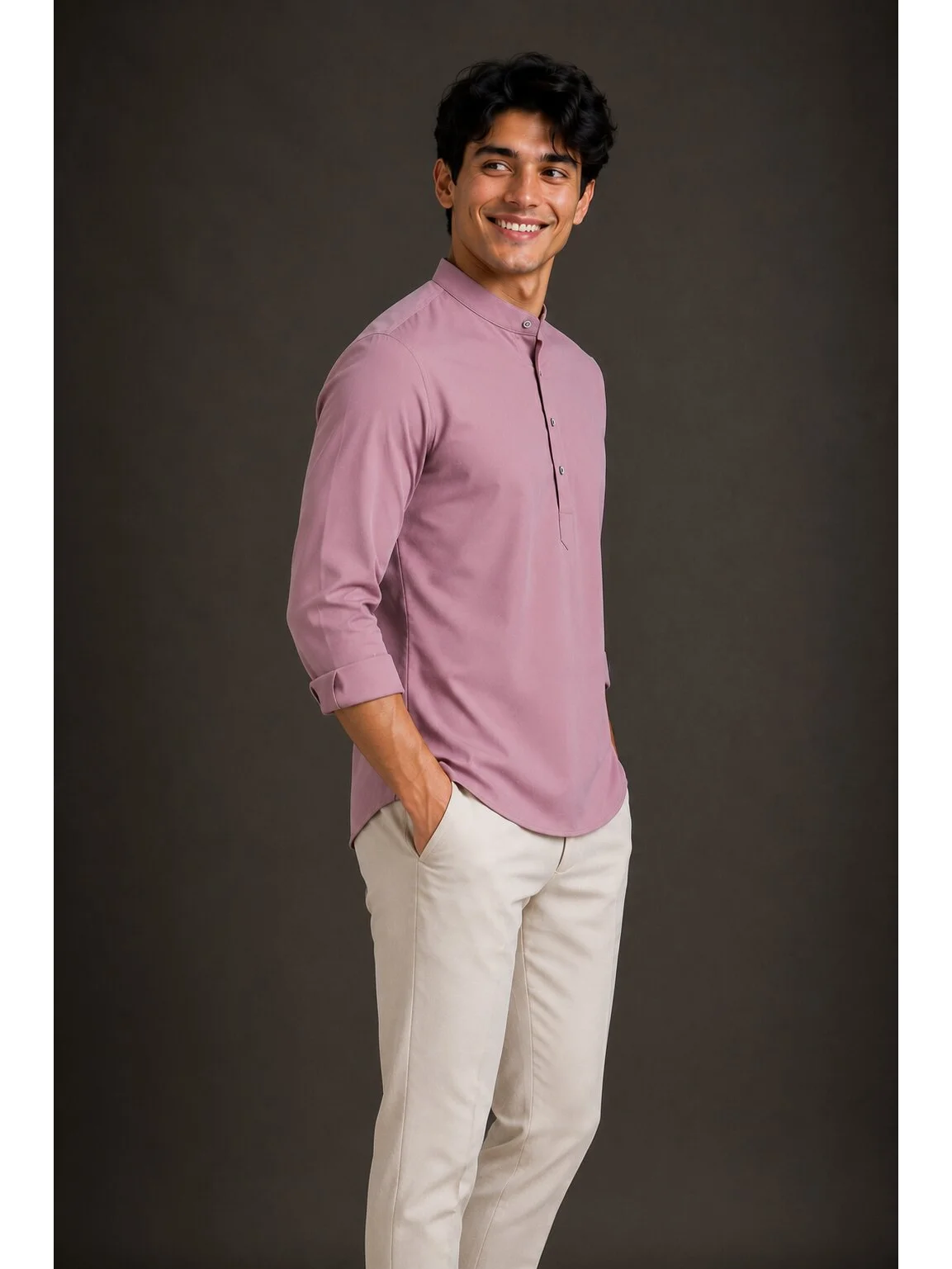 Pink kurta, long sleeves, mandarin collar, buttons, worn by a model