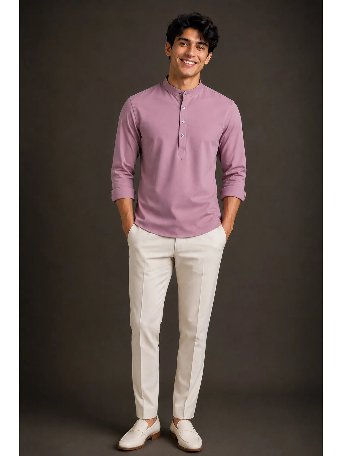 Mauve short kurta, front view, model, mandarin collar, 3 buttons, long sleeves
