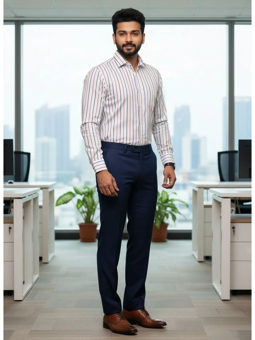 Striped shirt, white base with thin red and blue stripes, collar, buttons, long sleeves, worn by a model