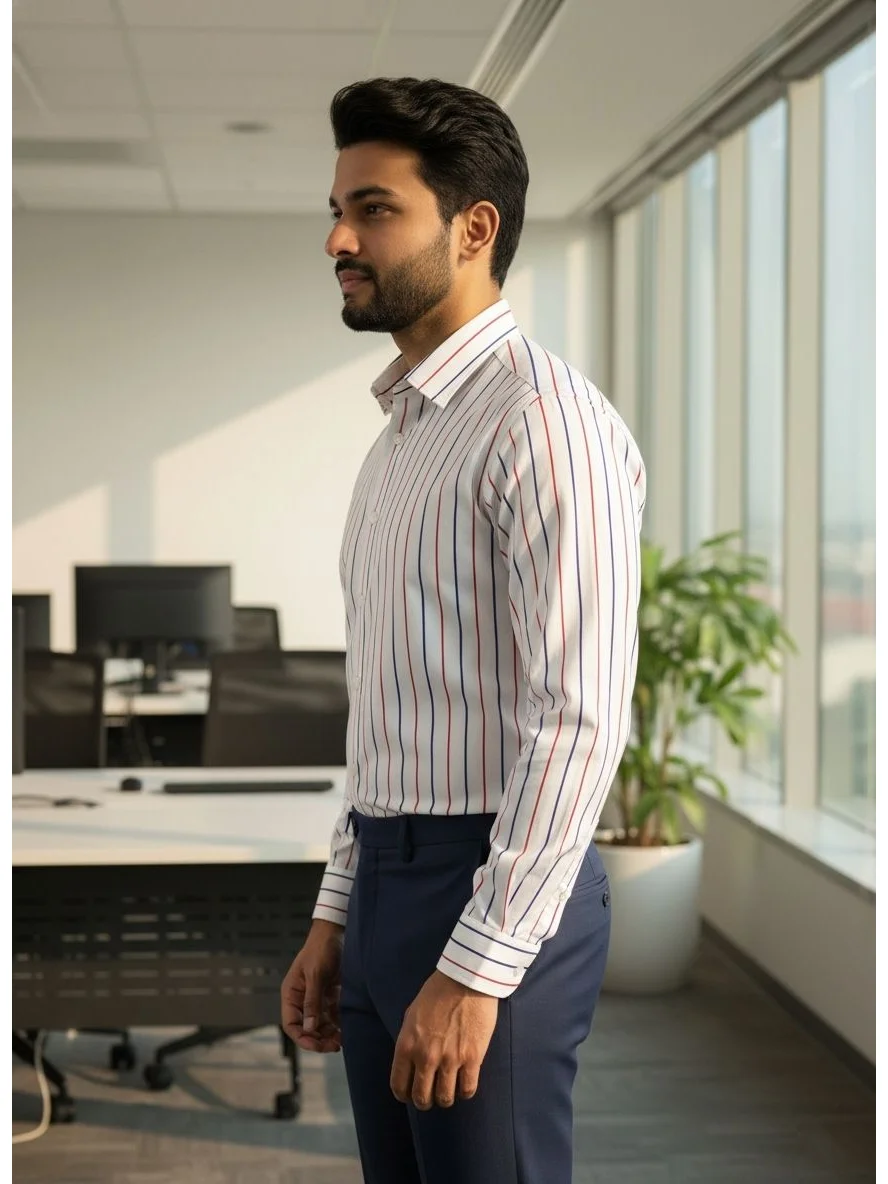 Long sleeved shirt, white with red and blue stripes, collar, worn by a model, side view