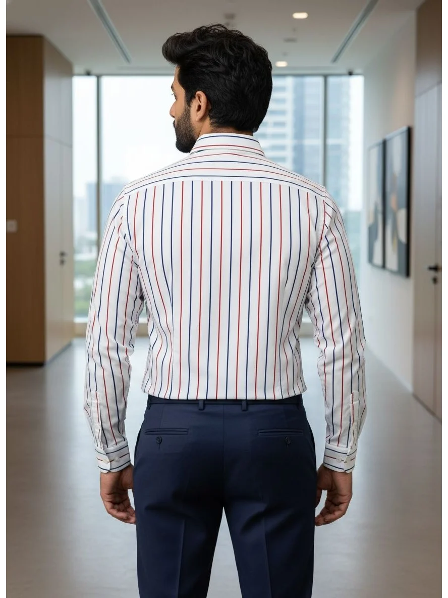 Long sleeved shirt, white with red and blue stripes, back view, worn by a model