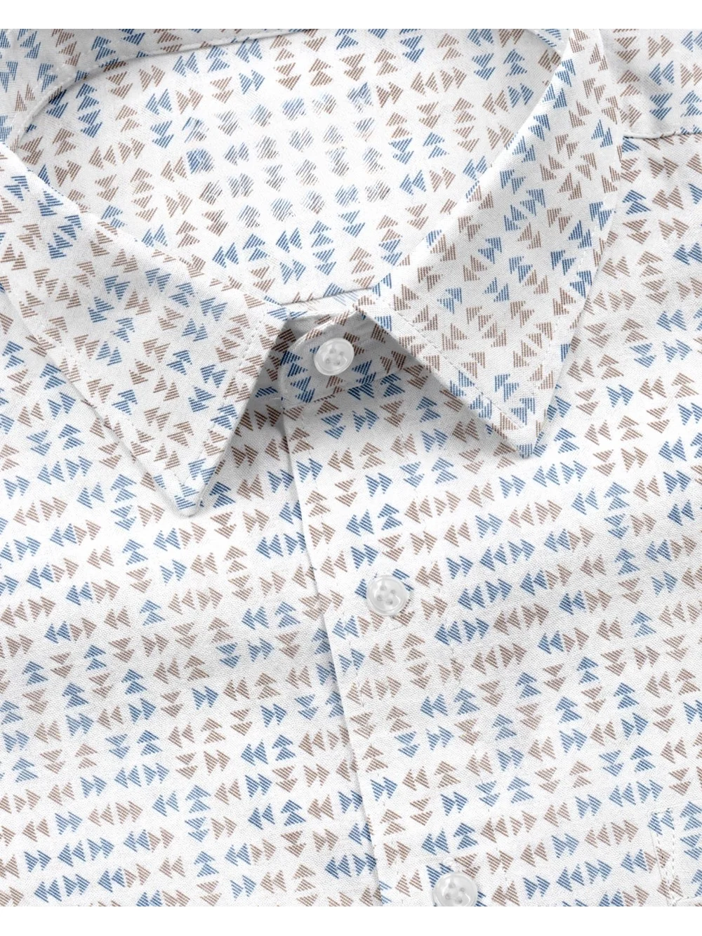 Shirt, white with small blue and brown pattern, collar, buttons. Close-up