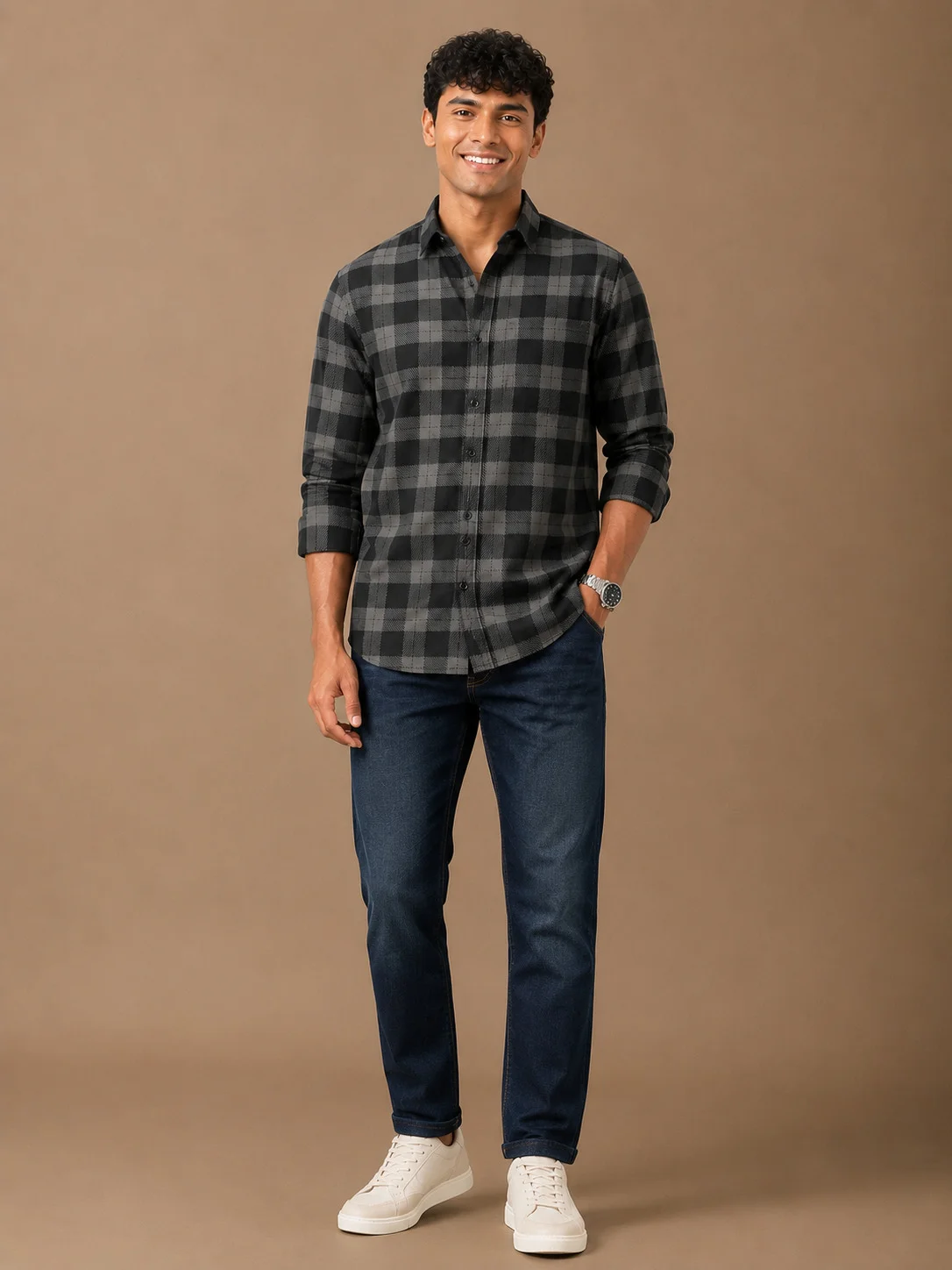 Black and grey checkered shirt, full sleeves, worn by a model, collar visible, buttons down front